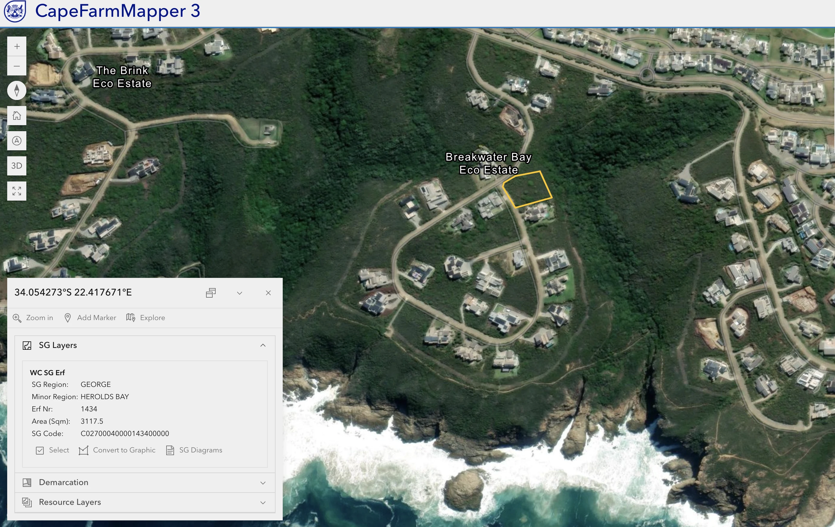 CapeFarmMapper aerial supplied by the developer, with Erf 1434 outlined in yellow among the greenbelt, estate roads and rocky coastline
