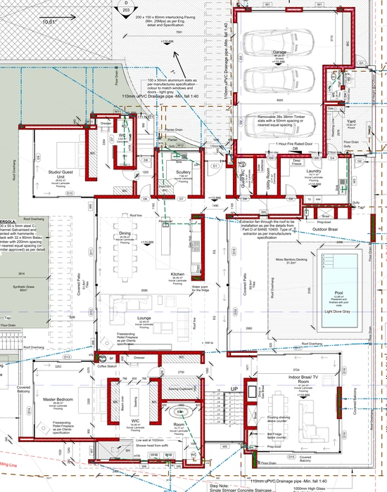 Extract of the approved main-level plan showing garage, living rooms, main suite and pool