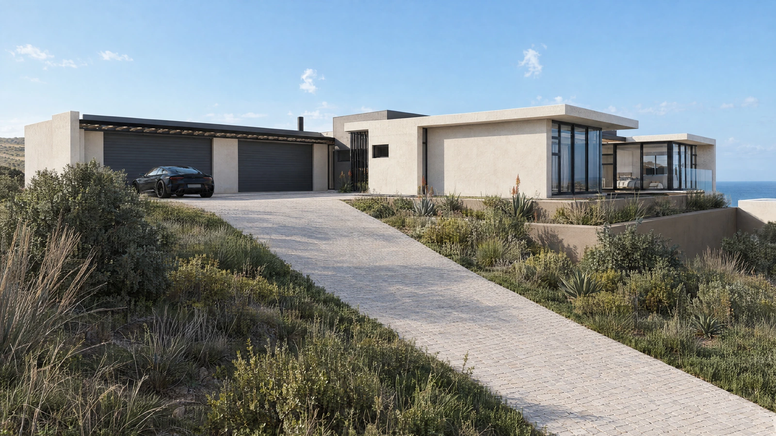 The driveway arriving at the garage doors and pedestrian entrance of Breakwater 44