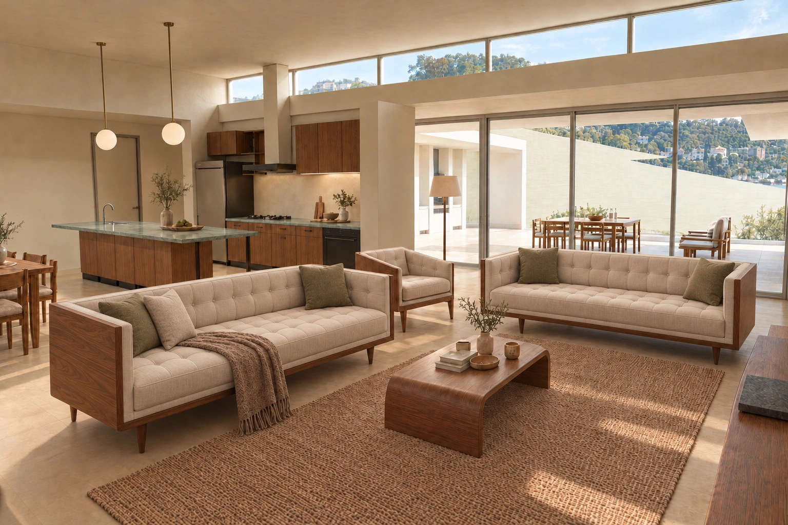 Cream linen sofas and natural walnut in the living room