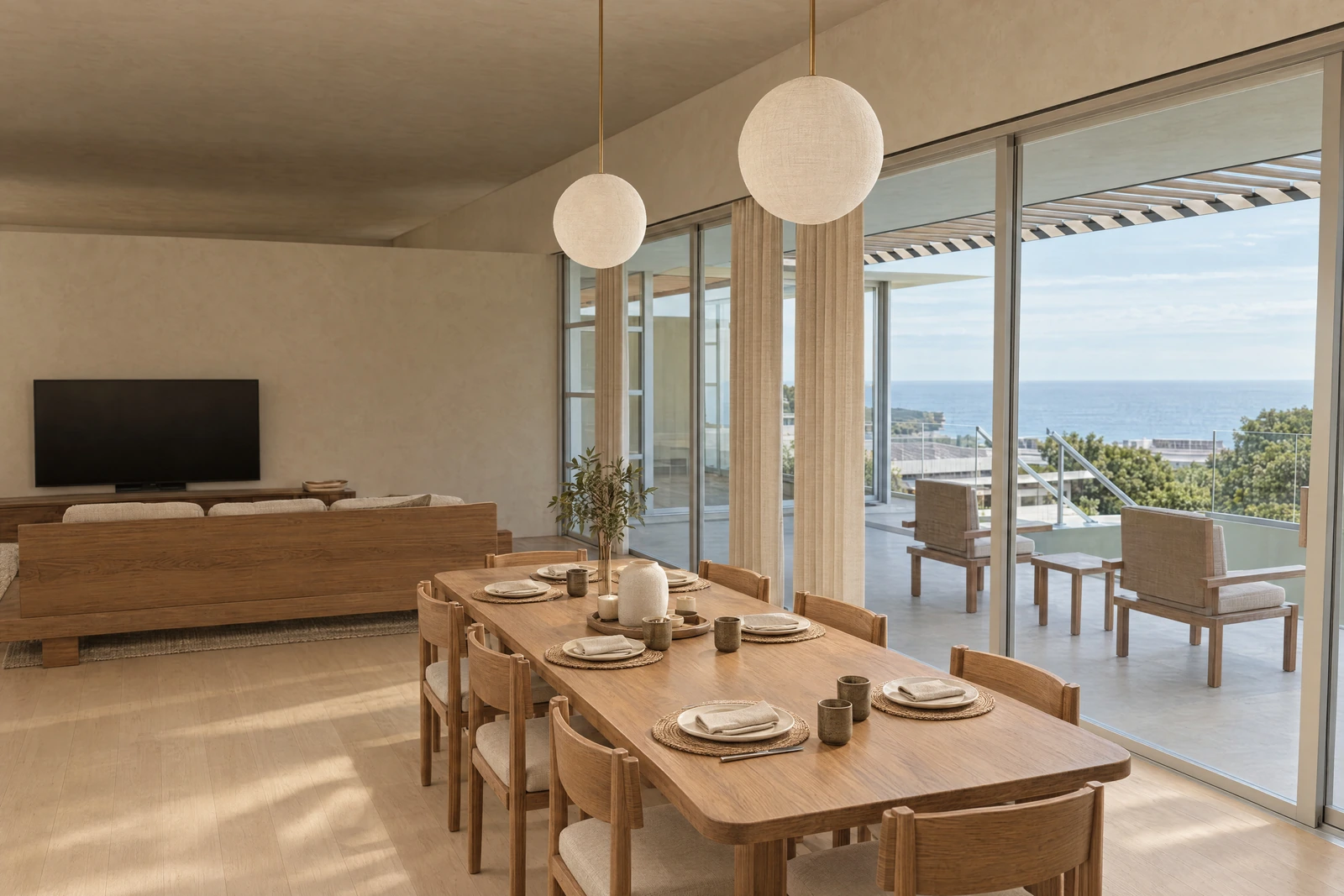 Warm dining room overlooking the coastal terrace
