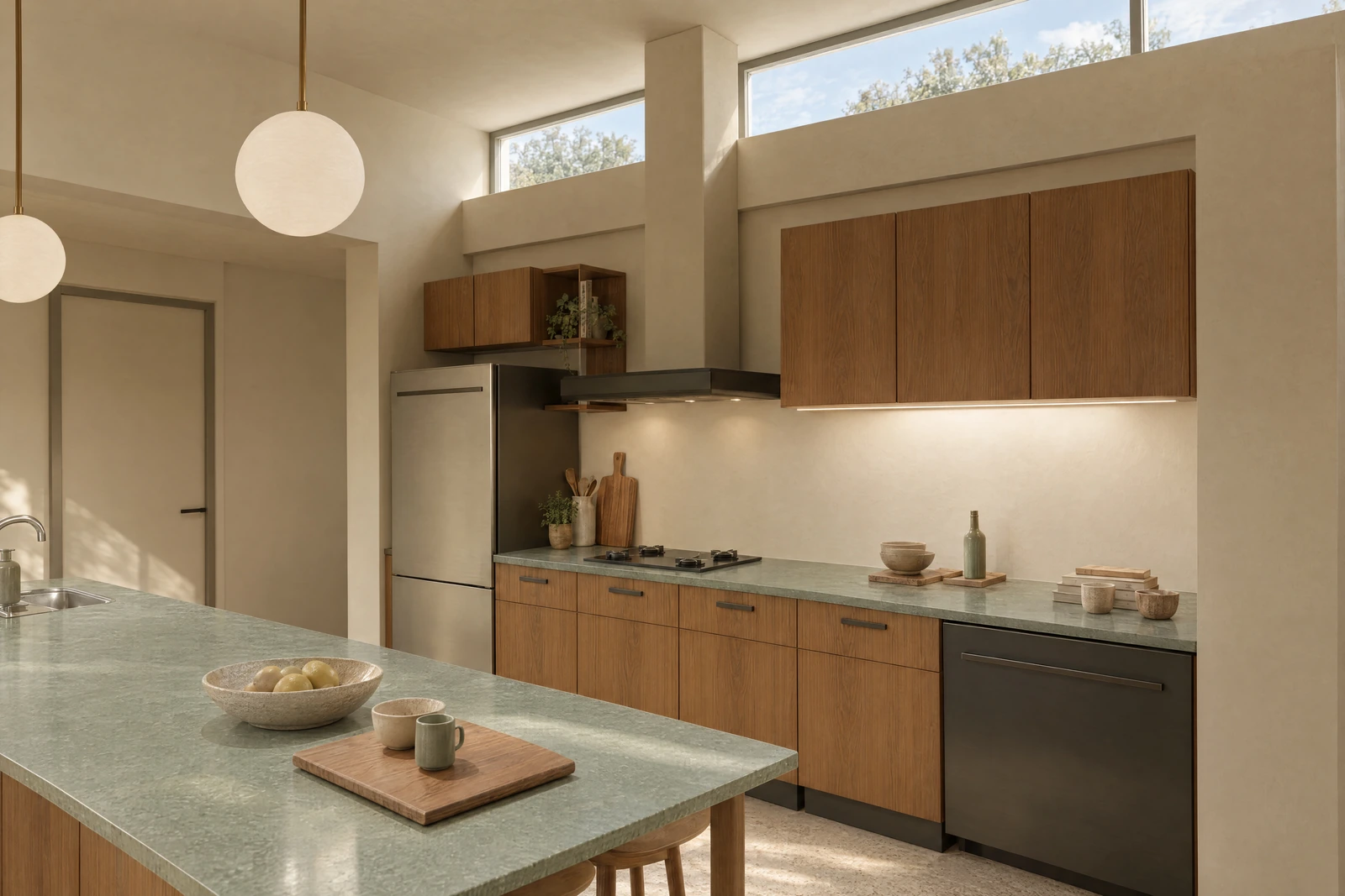 Natural timber kitchen with muted green stone worktops